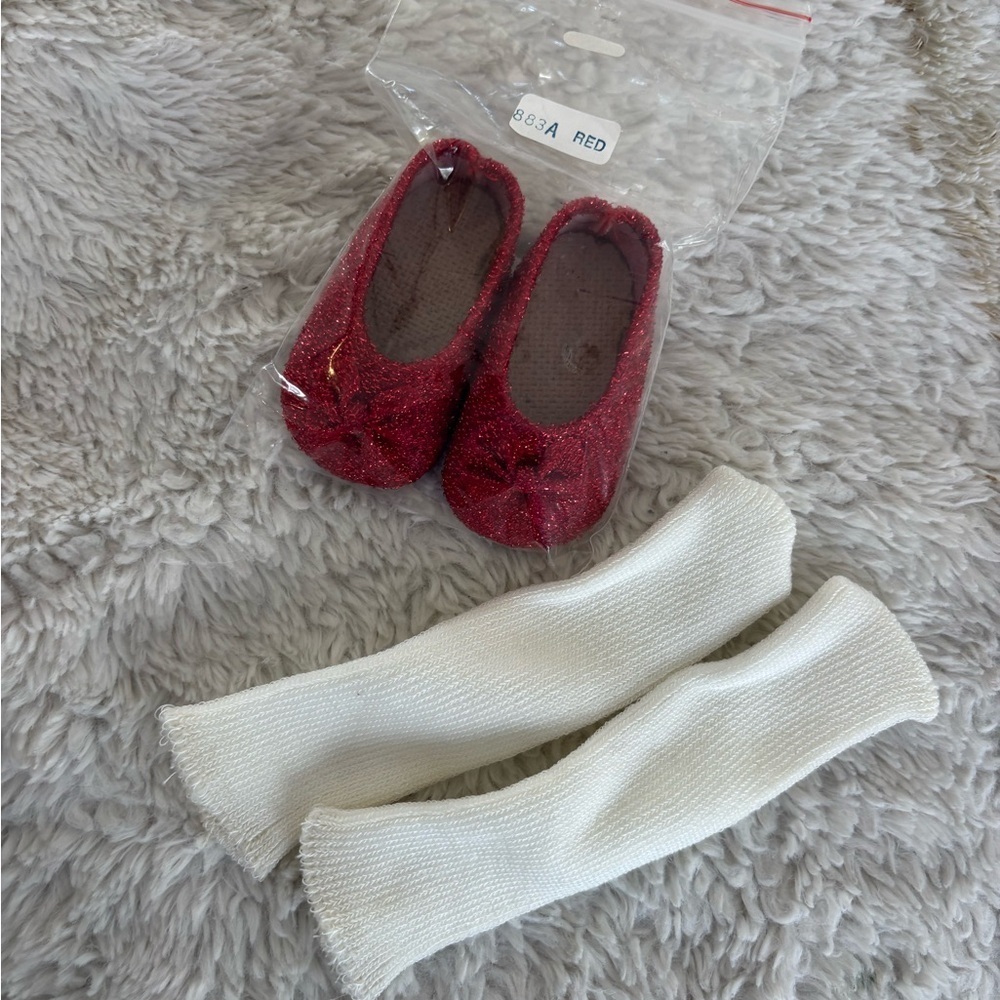 New Sparkly Red Doll Ballet Flats with White Leg Warmers fits American girl doll
